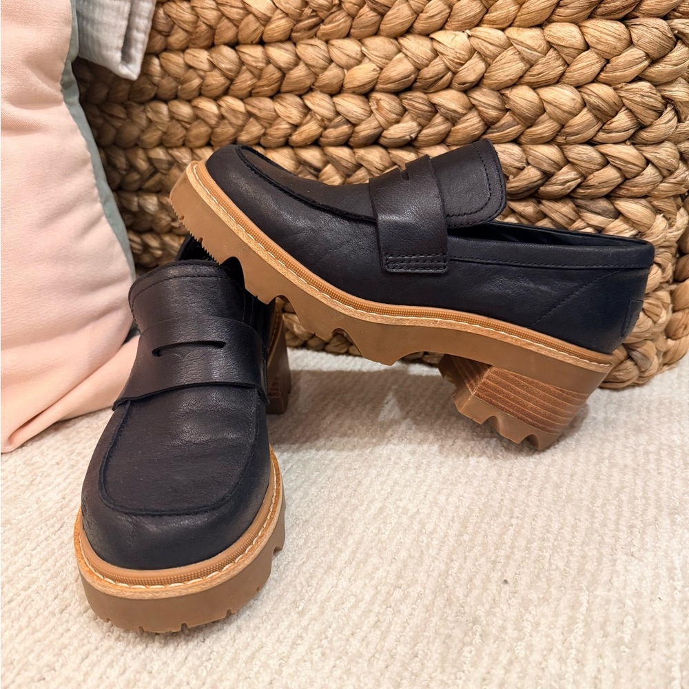 Sorel Black Leather Lug Sole Penny Loafers with Tan Platform